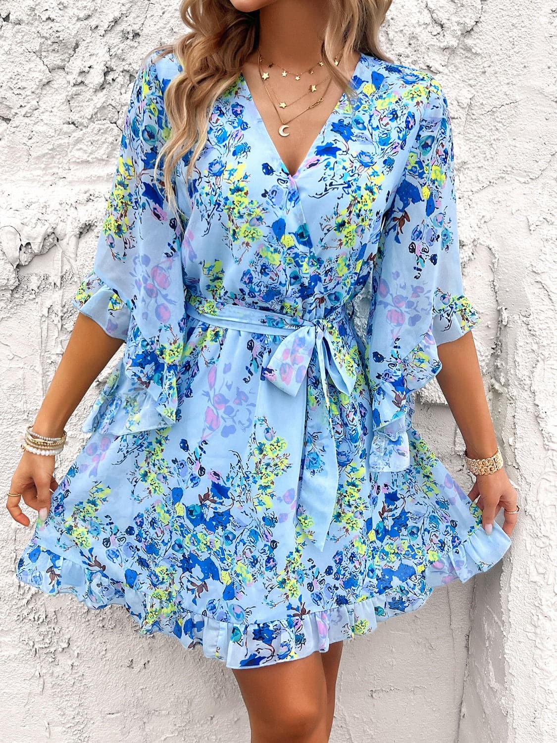 Ruffled Printed Surplice Half Sleeve Mini Dress.