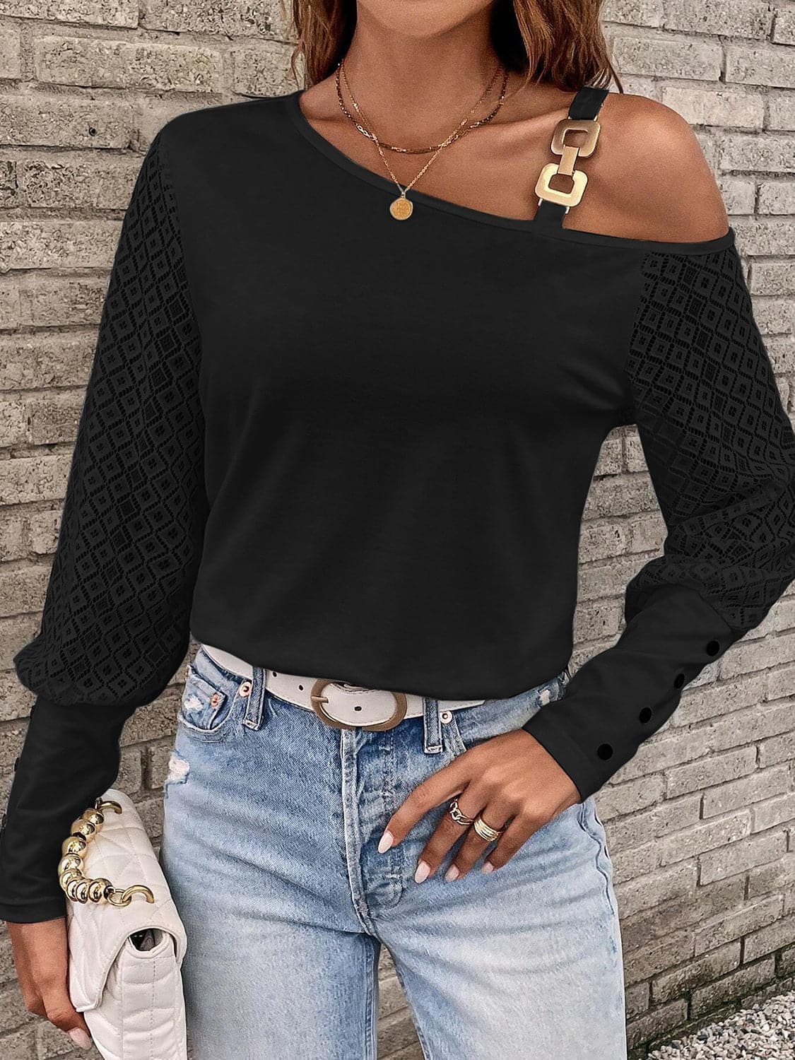 Asymmetrical Neck Lace Long Sleeve T-Shirt.