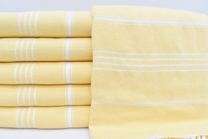 Monaco Yellow Turkish Towel 40 Inch by 70 Inch Hand Loomed 100 Percent Natural Cotton Quick Drying Lightweight Beach Bath Scarf Picnic Blanket - Love Salve 