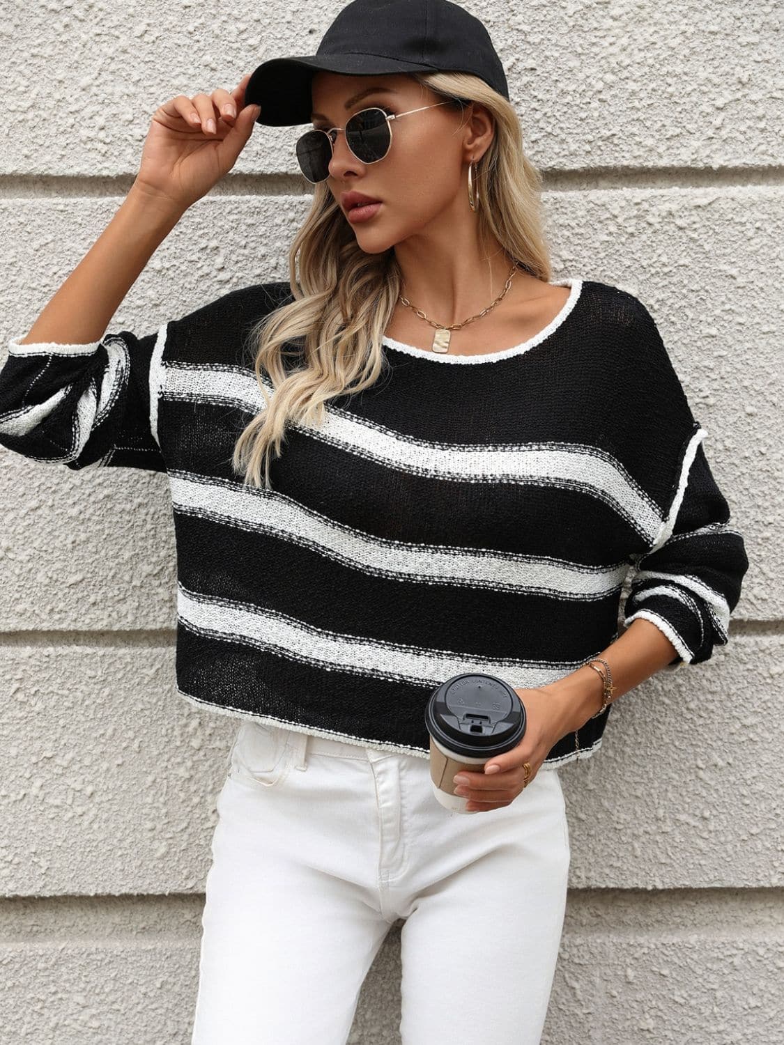 Striped Round Neck Long Sleeve Sweater.