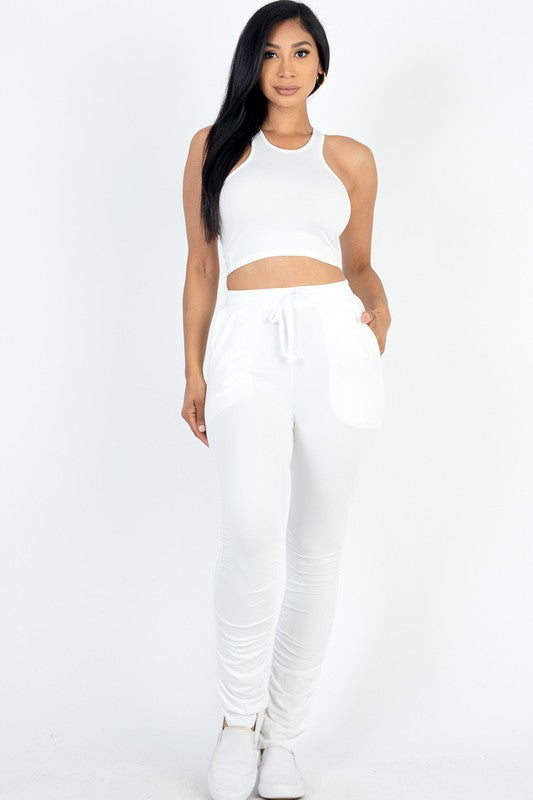 Chic crop top and ruched drawstring pants ensemble