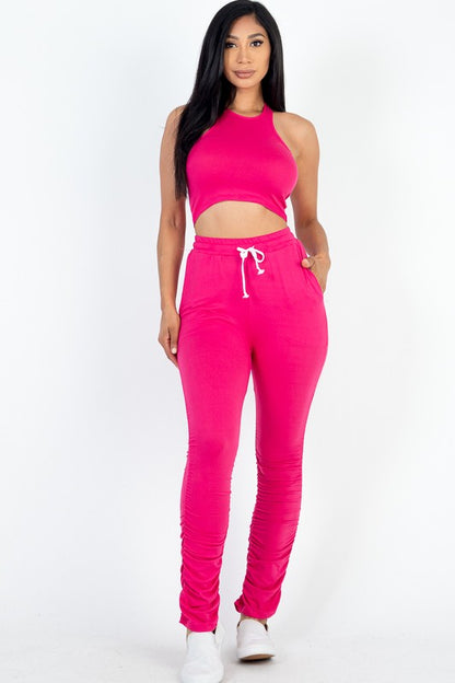 Chic crop top and ruched drawstring pants ensemble