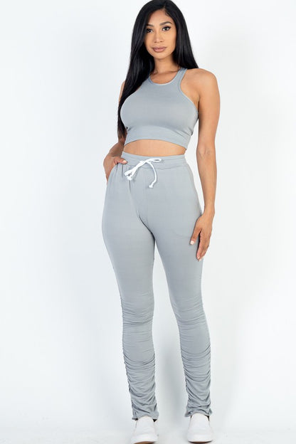 Chic crop top and ruched drawstring pants ensemble