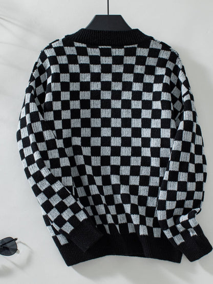 Vibrant checkered v-neck sweater with dropped shoulders