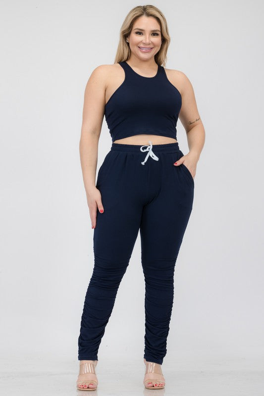 Chic plus size crop tank and ruched pants ensemble