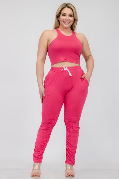 Chic plus size crop tank and ruched pants ensemble