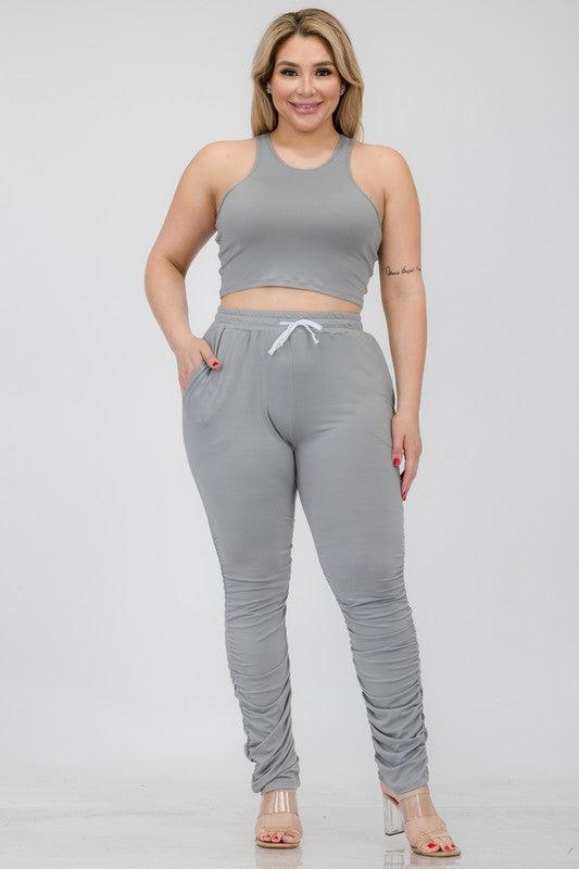 Chic plus size crop tank and ruched pants ensemble