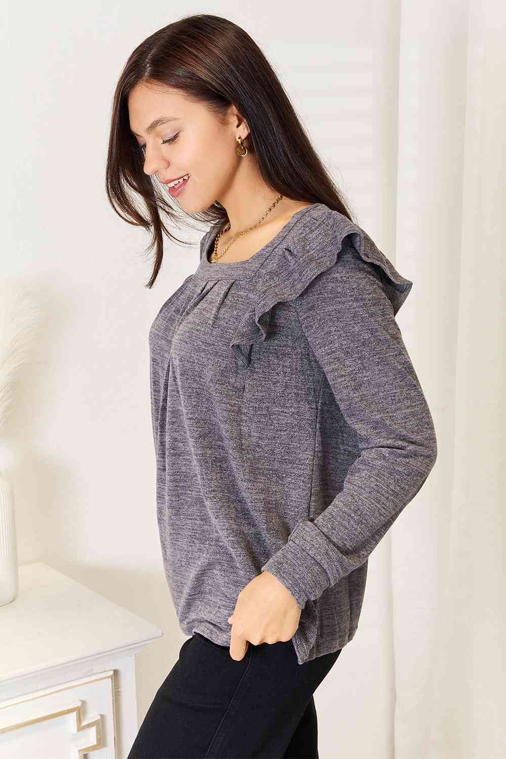 Double Take Square Neck Ruffle Shoulder Long Sleeve T-Shirt - Love Salve