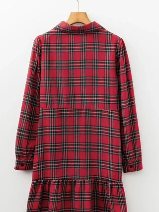 Plaid Shirt Collar Half Button Ruffle Hem Long Sleeve Mini Dress Simply Love