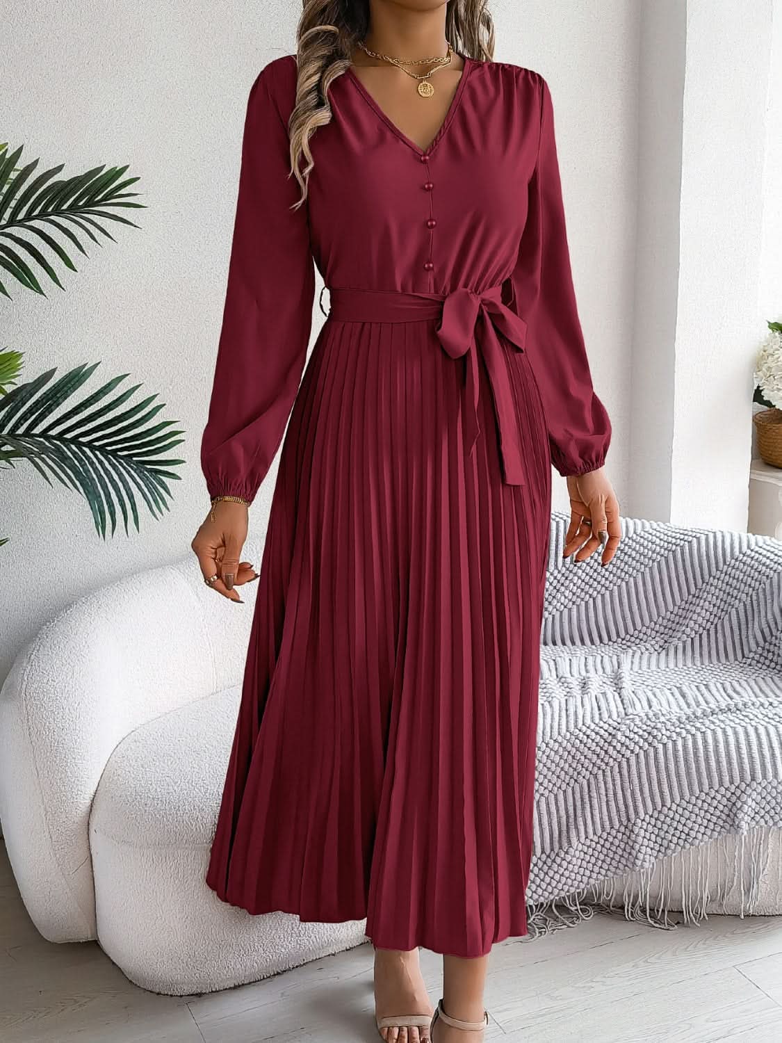 Elegant V-Neck Long Sleeve Dress with Sheer Tied Design - Love Salve 