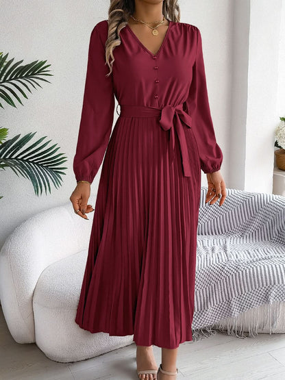 Elegant V-Neck Long Sleeve Dress with Sheer Tied Design