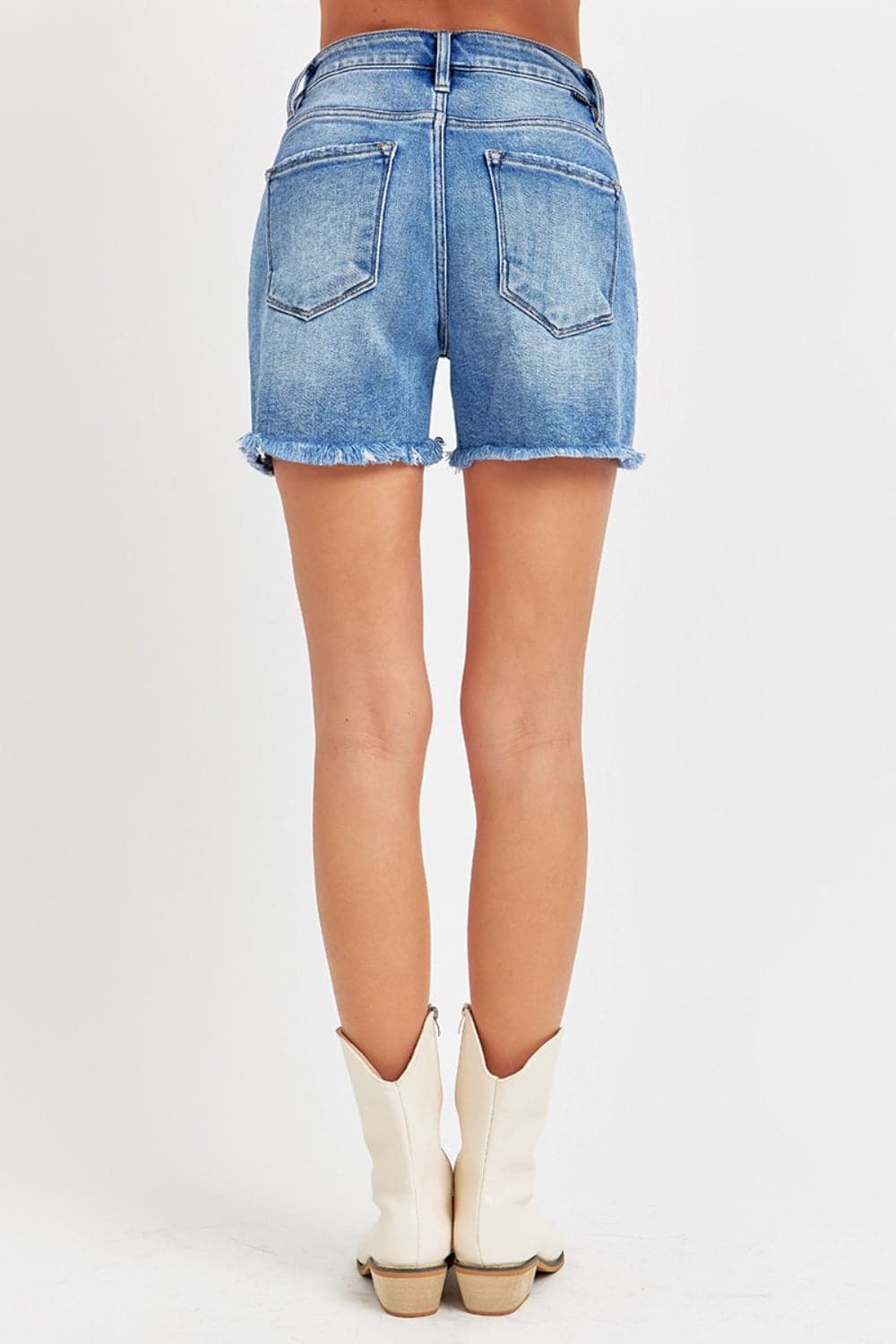 RISEN Front Slit Raw Hem Denim Shorts.