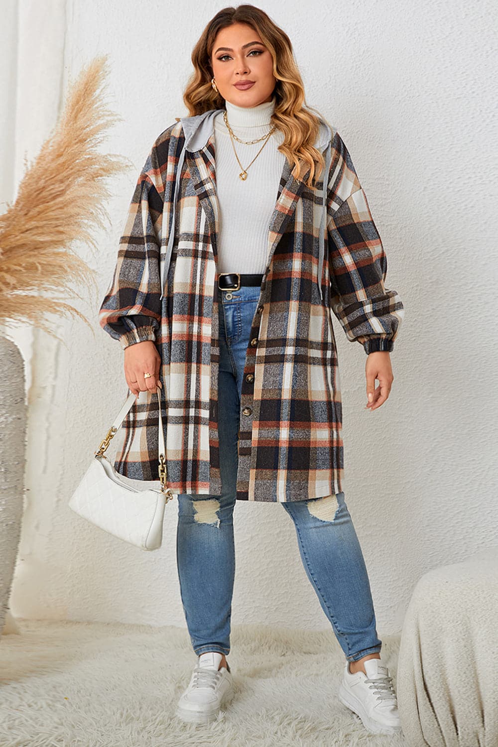 Plus Size Plaid Drop Shoulder Hooded Coat.