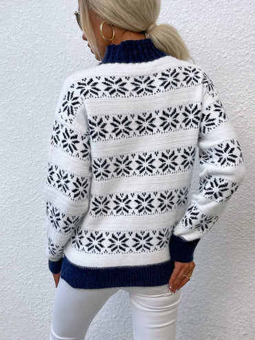 Snowflake Pattern Mock Neck Sweater.