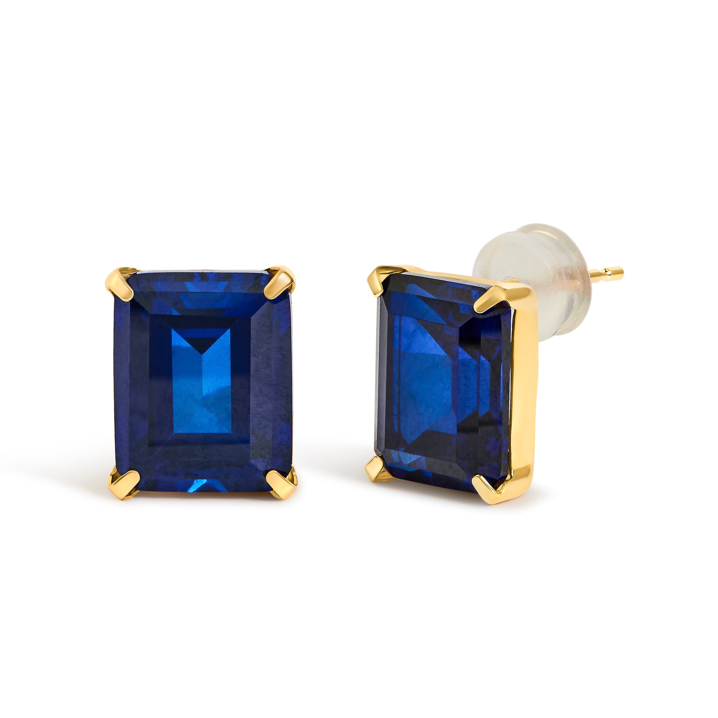 18K Yellow Gold 10x8 MM Lab Created Blue Sapphire Emerald Cut Solitaire Stud Earrings