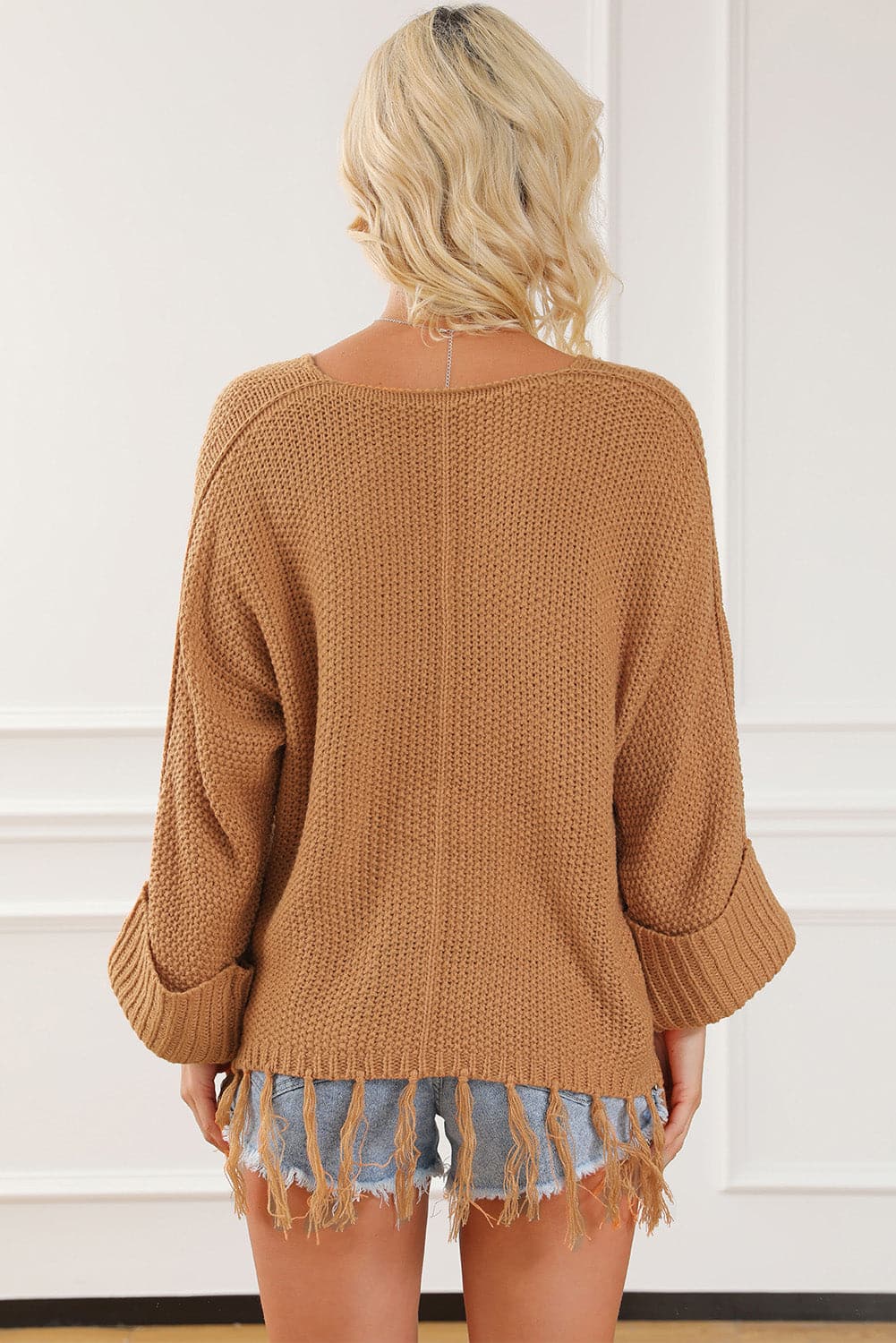 Fringe V-Neck Long Sleeve Sweater.