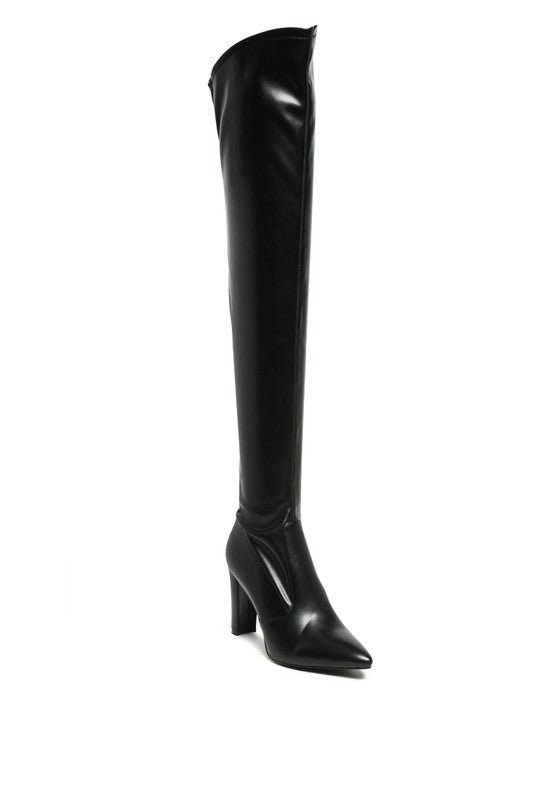 Stylish stretch patent thigh-high boots with high block heels