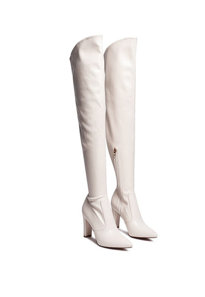 Stylish stretch patent thigh-high boots with high block heels