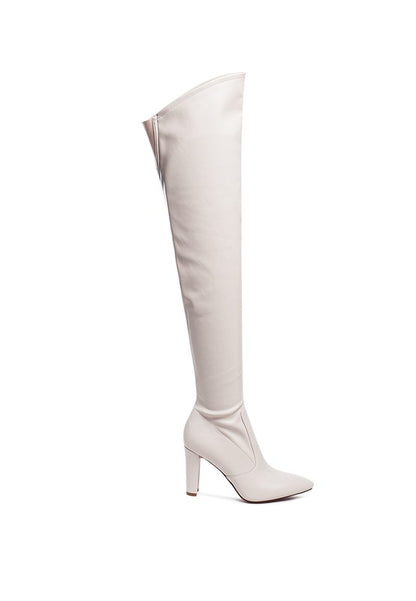 Stylish stretch patent thigh-high boots with high block heels