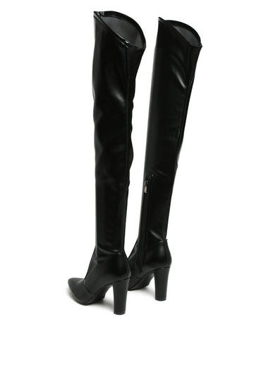 Stylish stretch patent thigh-high boots with high block heels