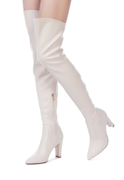 Stylish stretch patent thigh-high boots with high block heels