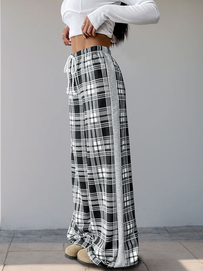 Plaid Wide Leg Drawstring Trousers by Perfee