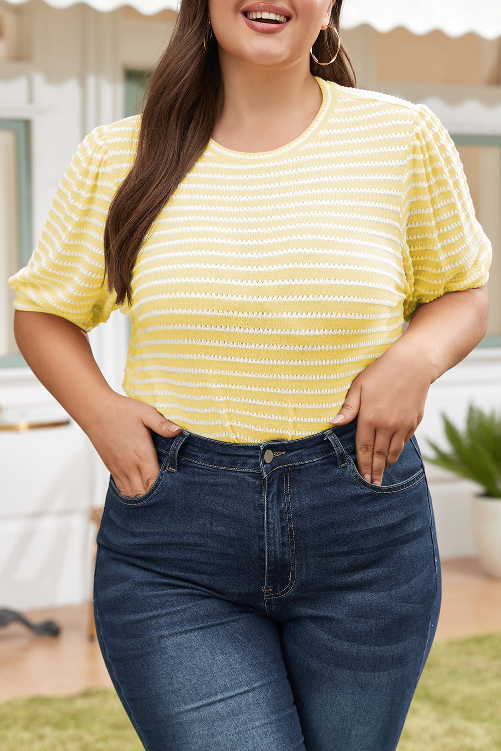 Chic yellow striped puff sleeve plus size jumper