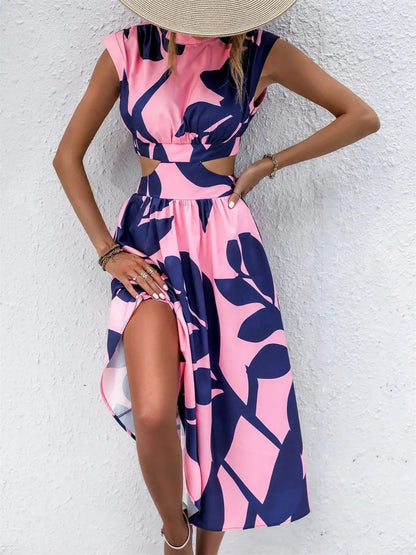 Tropical Cutout Cap Sleeve Midi Dress