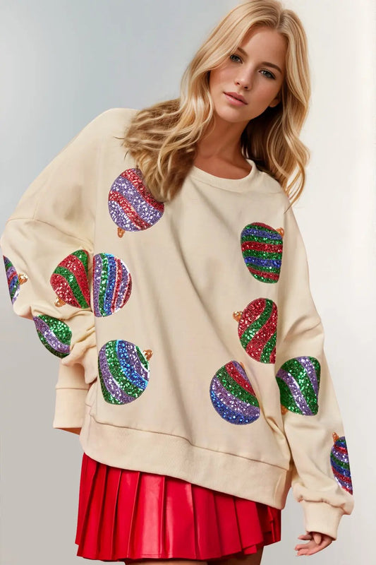Double Take Christmas Element Sequin Round Neck Long Sleeve Sweatshirt - Love Salve
