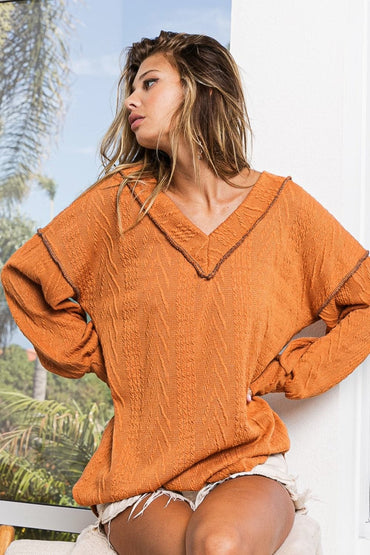 BiBi Textured Exposed Seam Drop Shoulder Knit Top.