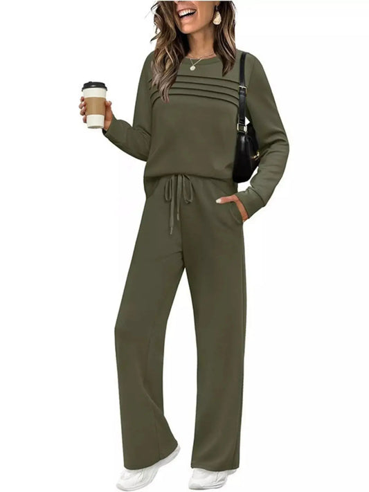 Full Size Long Sleeve Round Neck Top and Pants Set Plus Size Simply Love