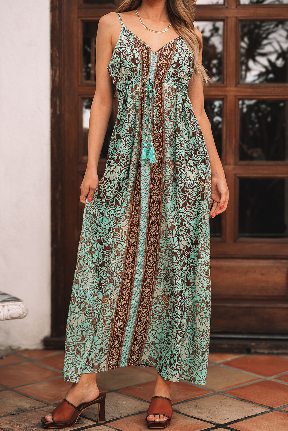 Boho Green Floral V Neck Maxi Dress with Ruffled Trim