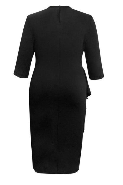 Plus Size Ruffle Trim Round Neck Long Sleeve Dress.