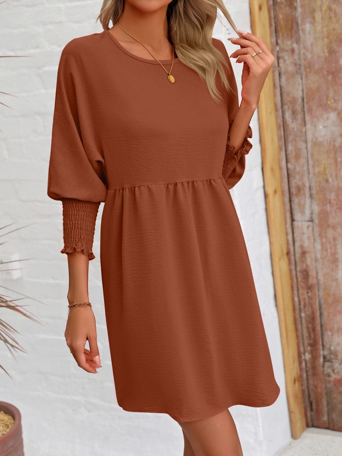 Round Neck Lantern Sleeve Mini DressFeatures: Basic style
Sheer: Opaque
Stretch: Slightly stretchy
Body: Not lined
Material composition: 100% polyester
Care instructions: Machine wash cold. Tumble dry Love Salve Round Neck Lantern Sleeve Mini Dress