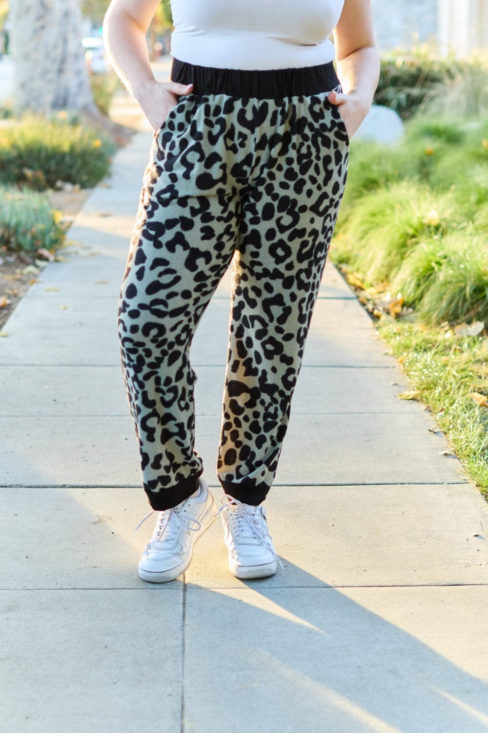 Celeste Design Full Size Leopard Contrast Sweatpants.