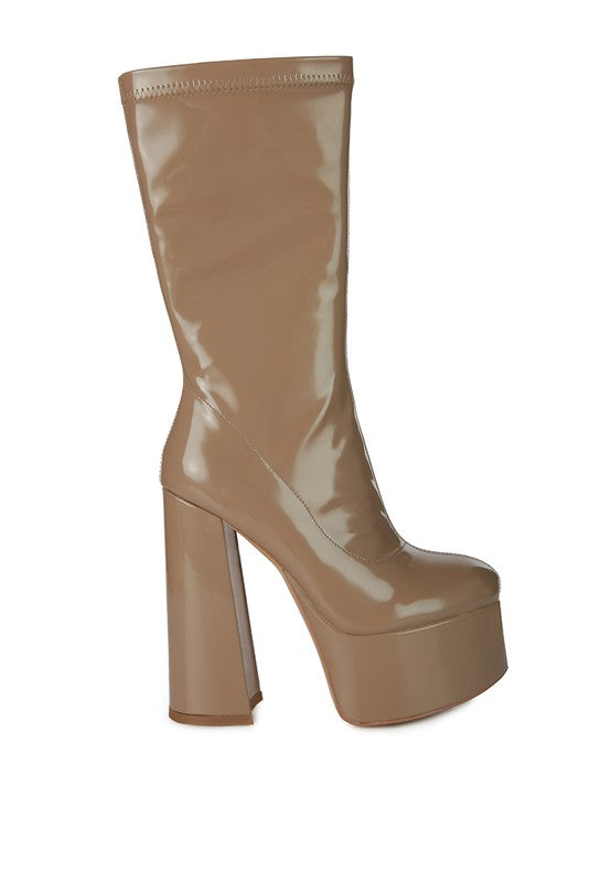 Stylish patent PU high-heeled calf boots with side zipper