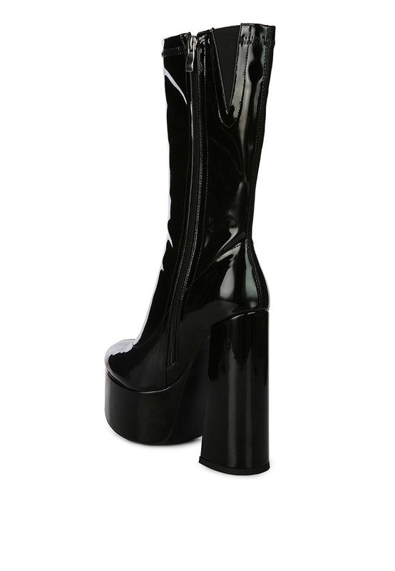 Stylish patent PU high-heeled calf boots with side zipper