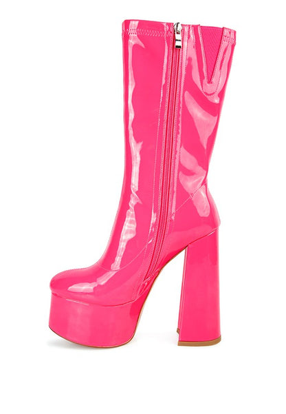 Stylish patent PU high-heeled calf boots with side zipper