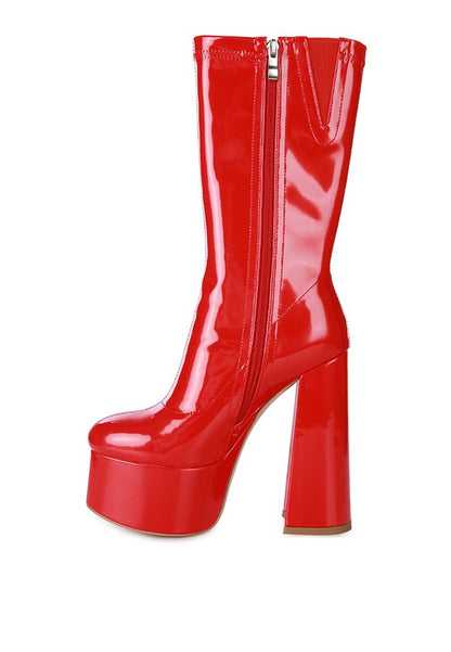 Stylish patent PU high-heeled calf boots with side zipper