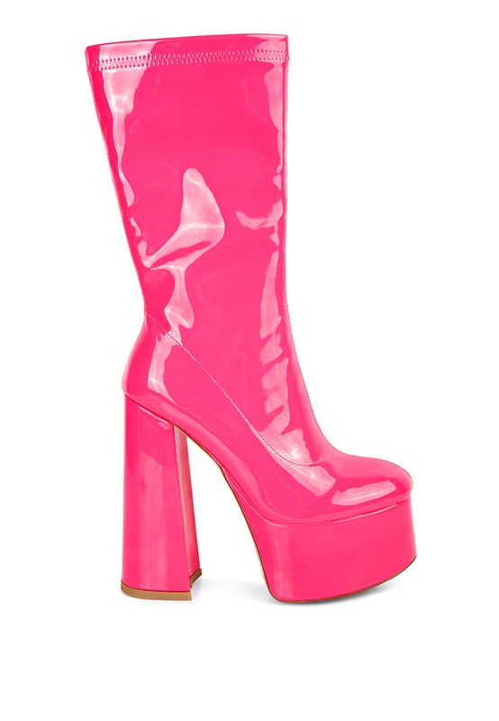 Stylish patent PU high-heeled calf boots with side zipper