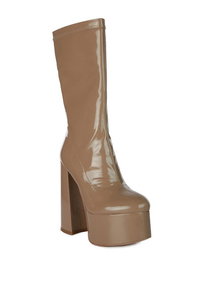 Stylish patent PU high-heeled calf boots with side zipper