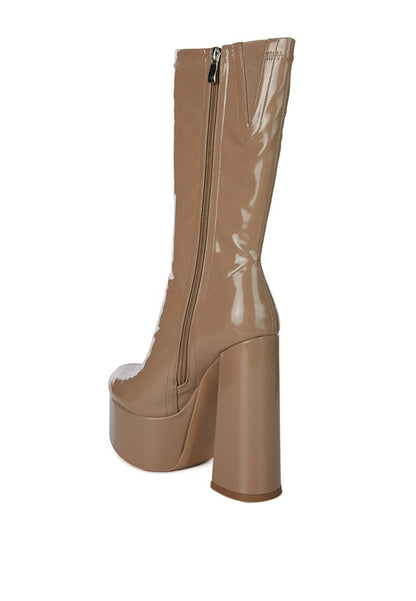 Stylish patent PU high-heeled calf boots with side zipper