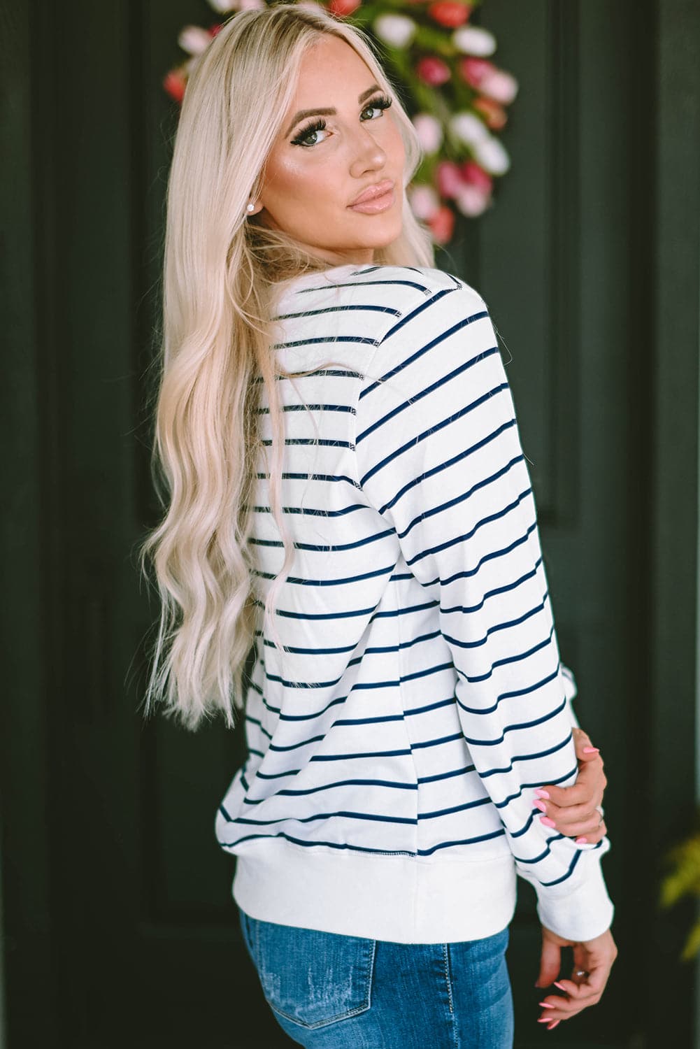 Striped Round Neck Long Sleeve Sweatshirt.