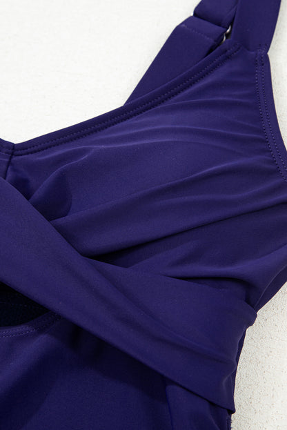 Navy Blue Adjustable Straps Cutout Ruched Knot Slit Swim Dress