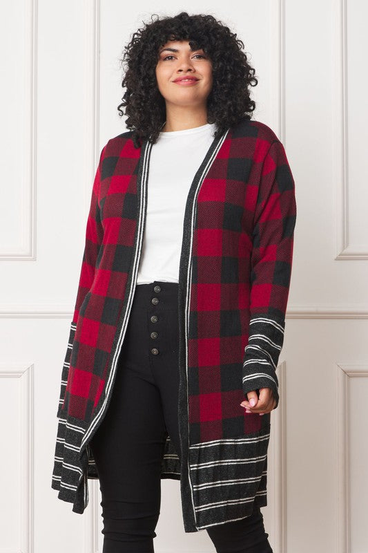 Chic buffalo plaid open cardigan with stylish stripe trim