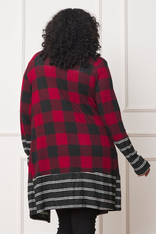 Chic buffalo plaid open cardigan with stylish stripe trim