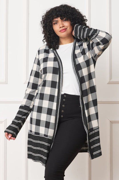 Chic buffalo plaid open cardigan with stylish stripe trim