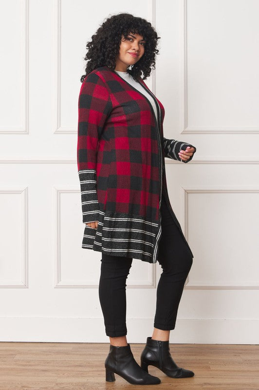 Chic buffalo plaid open cardigan with stylish stripe trim