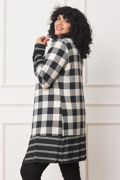 Chic buffalo plaid open cardigan with stylish stripe trim