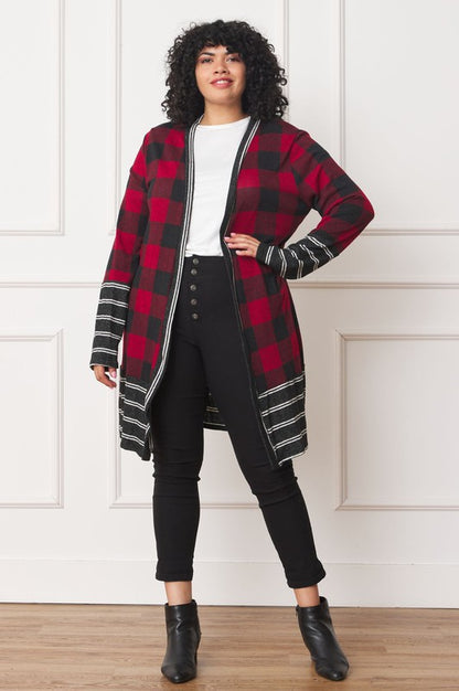 Chic buffalo plaid open cardigan with stylish stripe trim